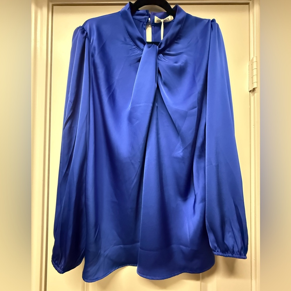 Grace Karin Royal Blue Satin Twist Neck Blouse | Loose Fit | NWT - Picture 2 of 7